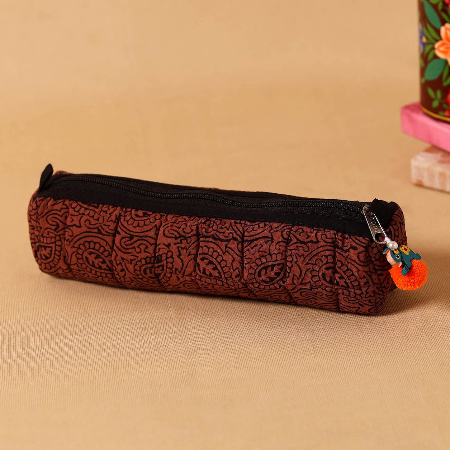 Brown Handmade Quilted Cotton Pencil Pouch