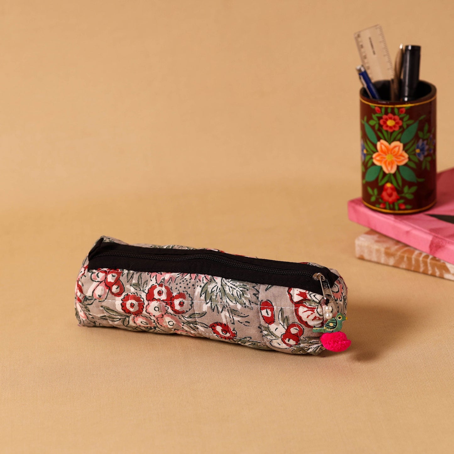 Brown Handmade Quilted Cotton Pencil Pouch