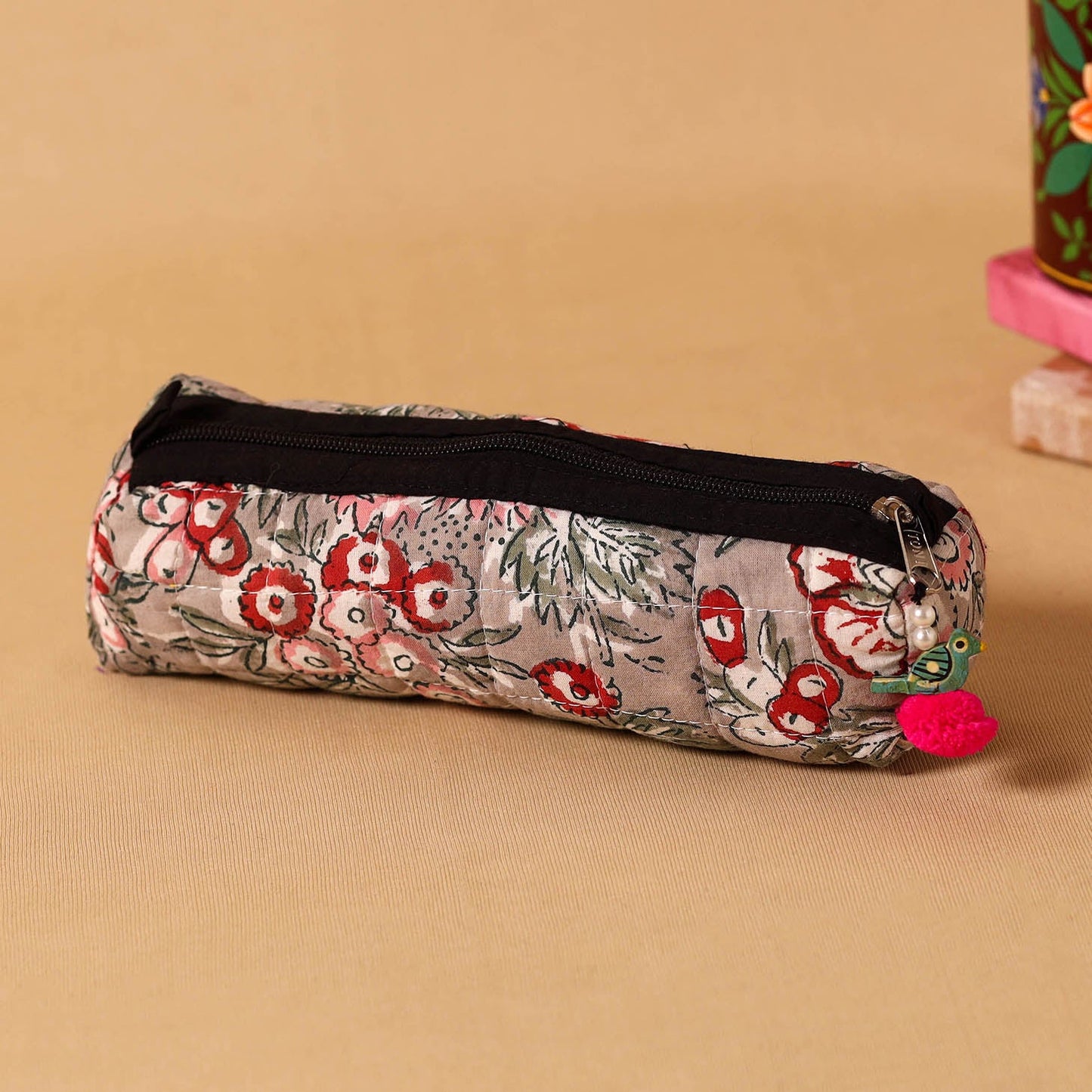 Brown Handmade Quilted Cotton Pencil Pouch