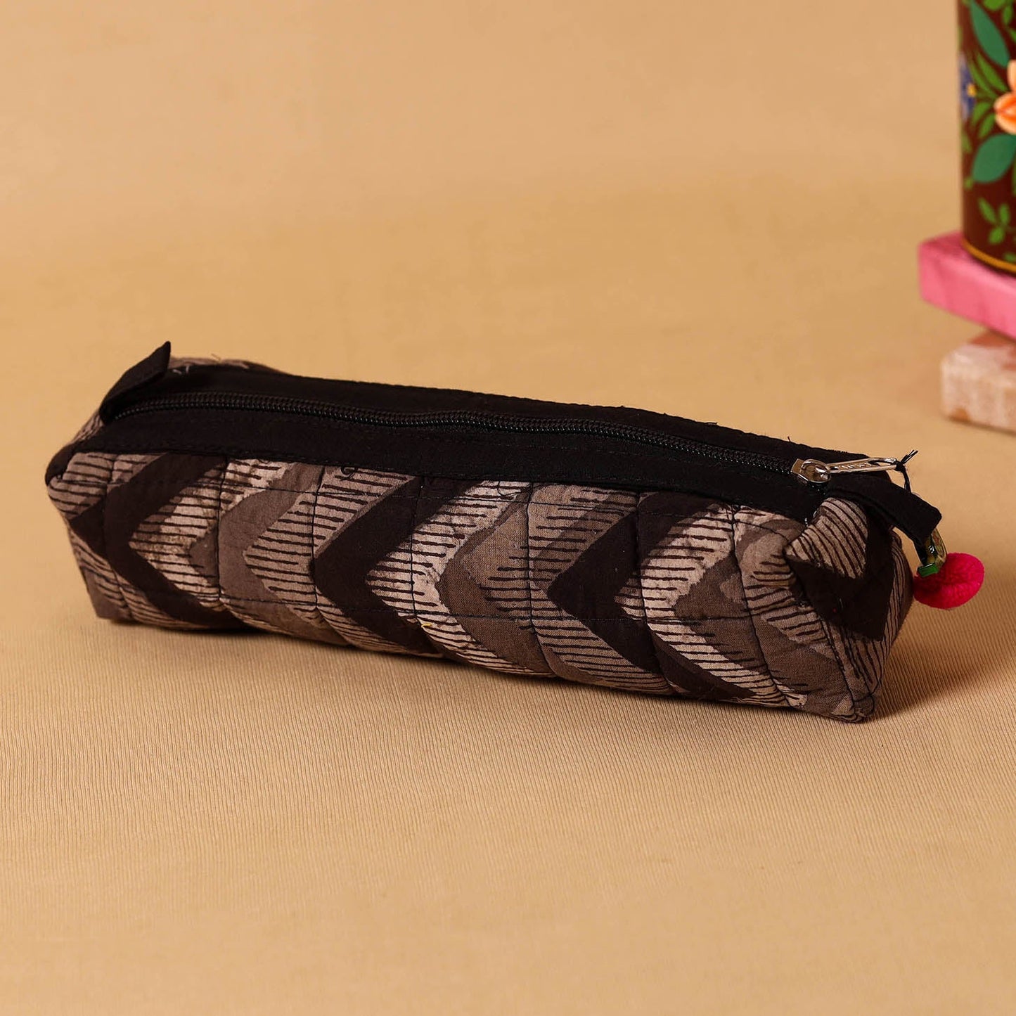 Brown Handmade Quilted Cotton Pencil Pouch