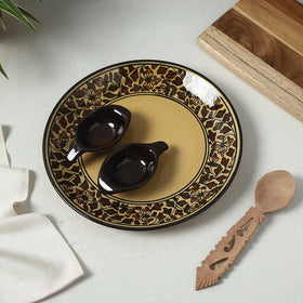 Handpainted Ceramic Chip-n-Dip Brown Platter with 2 Fixed Dip Bowls