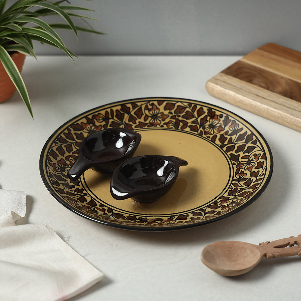 Handpainted Ceramic Chip-n-Dip Brown Platter with 2 Fixed Dip Bowls