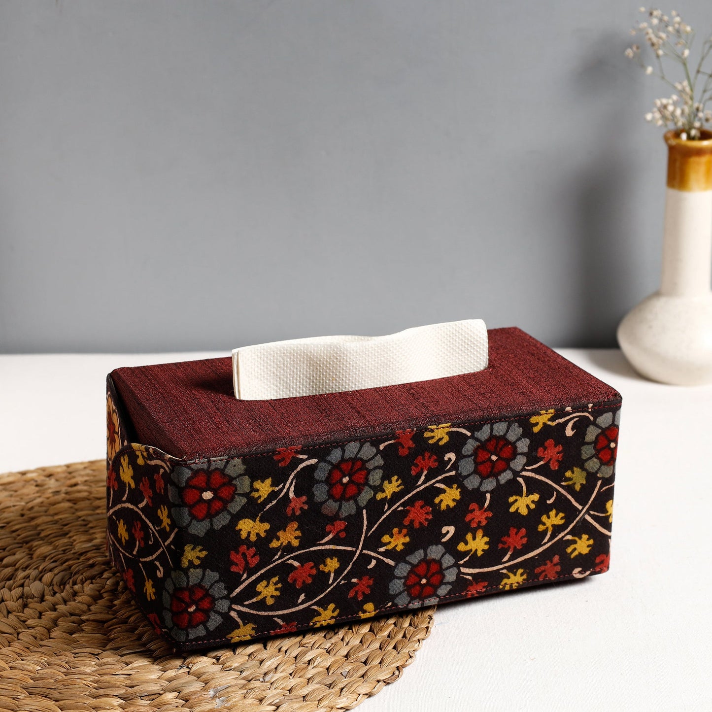 Brown Handpainted Kalamkari Natural Dyed Cotton Tissue Box 