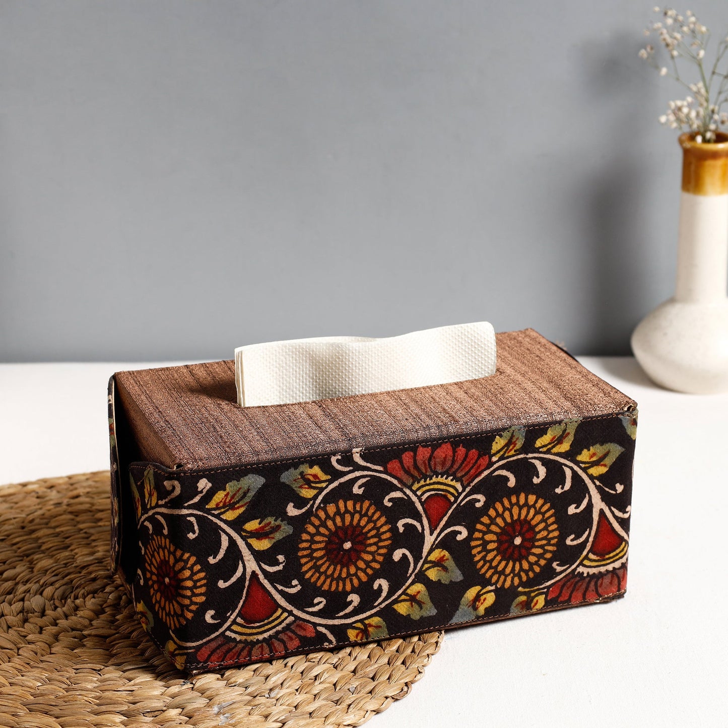 Brown Handpainted Kalamkari Natural Dyed Cotton Tissue Box 