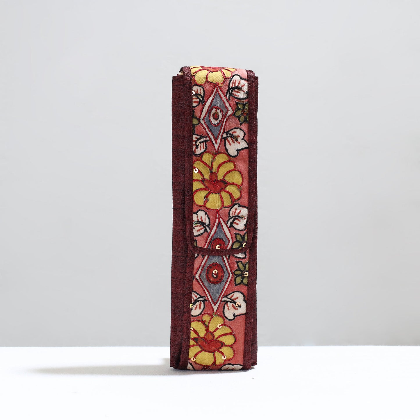 Brown Handpainted Kalamkari Natural Dyed Ghicha Silk Earrings Pouch 13 