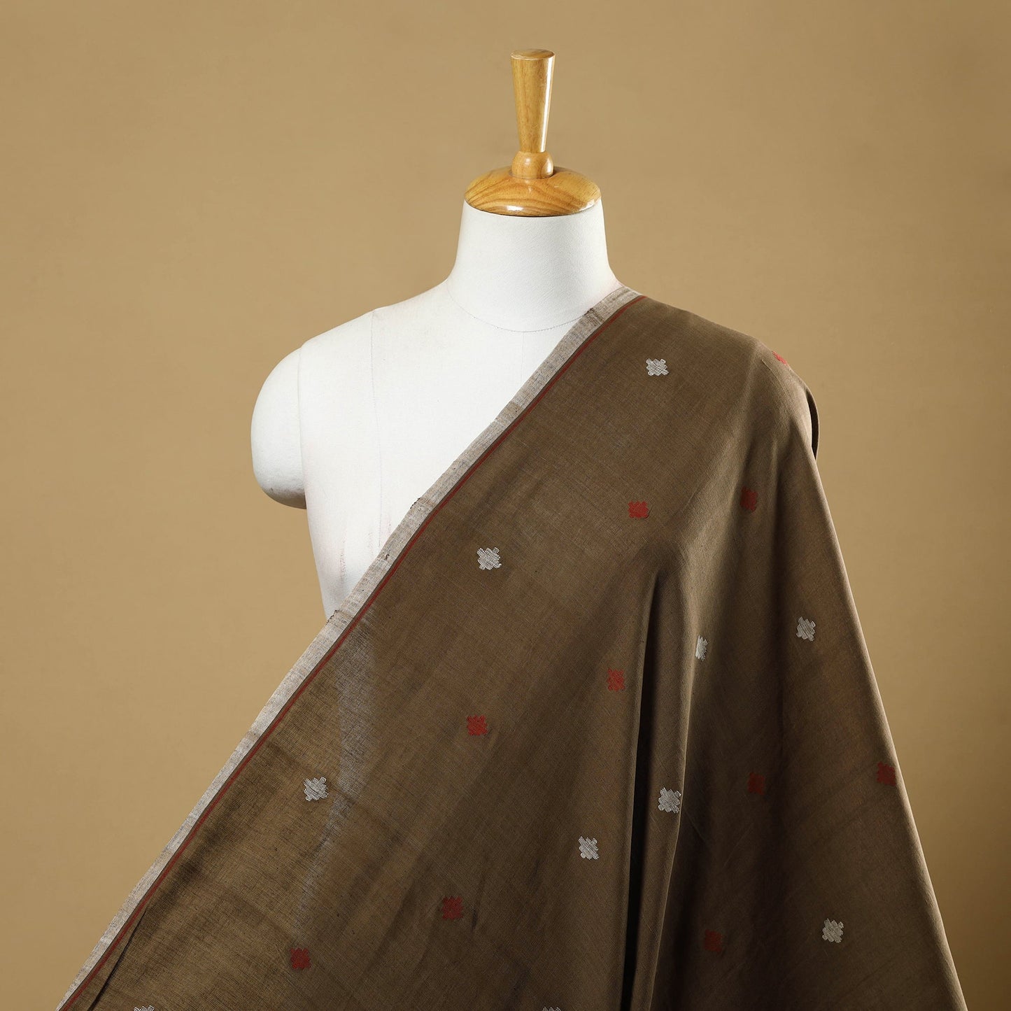 Brown Handspun Handloom Natural Dyed Cotton Jamdani Fabric