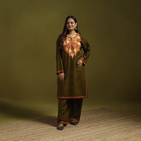 Brown - handwoven aari embroidered kashmiri merino wool