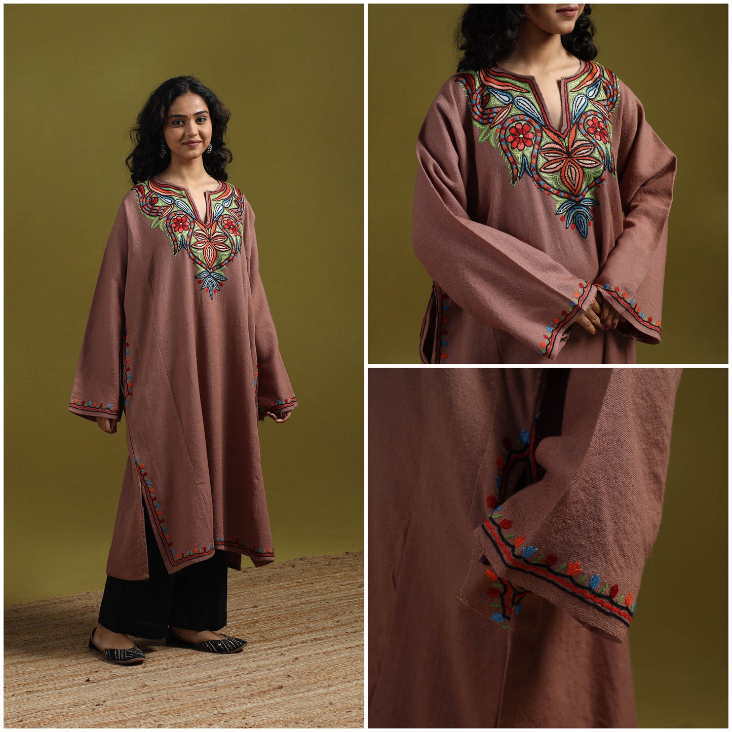 Handwoven aari hand embroidered kashmiri merino wool pheran