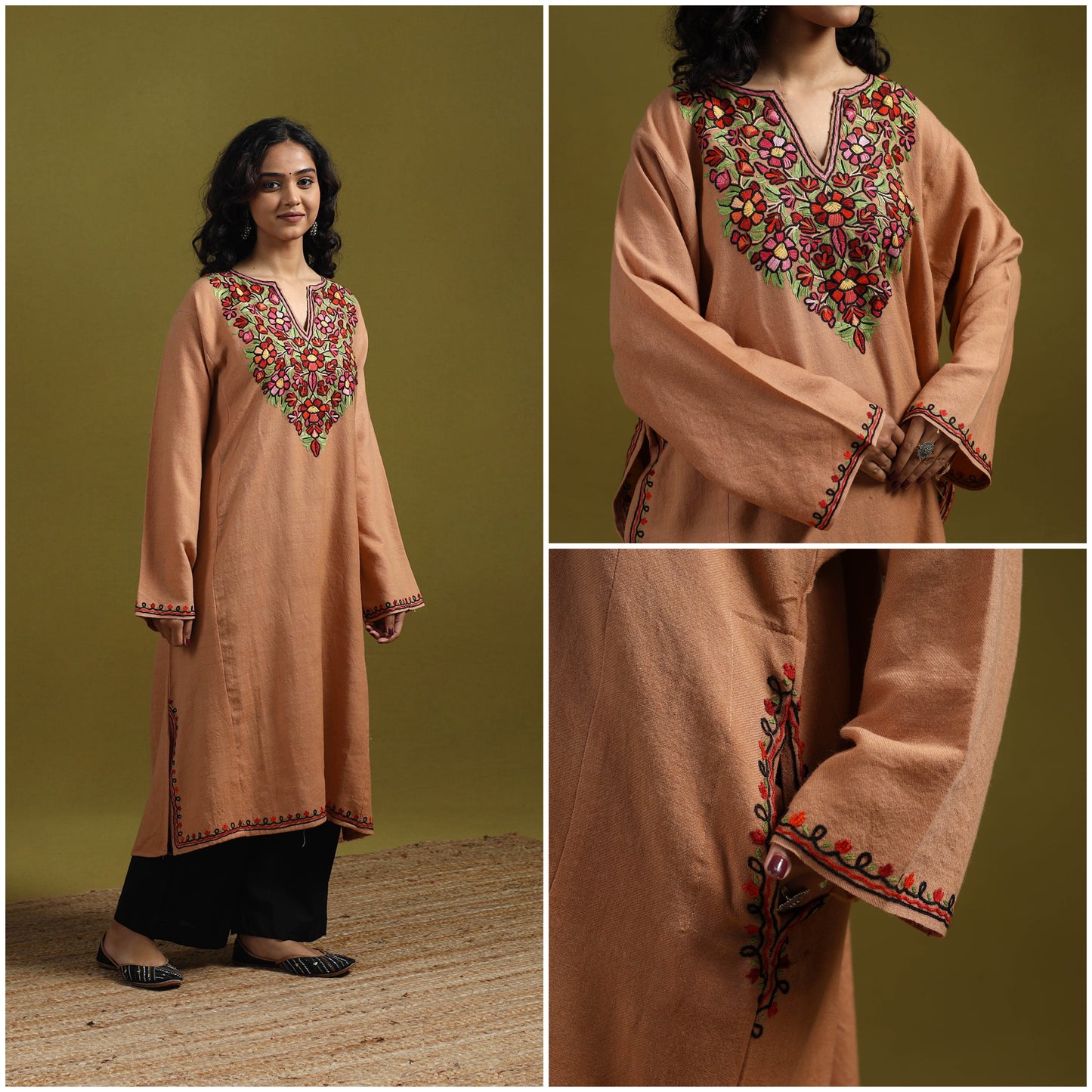 Handwoven aari hand embroidered kashmiri merino wool pheran