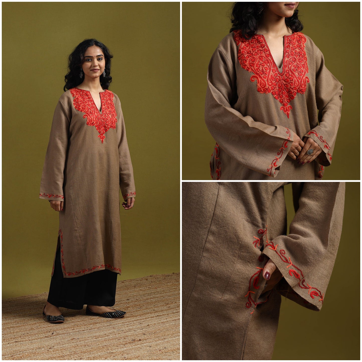 Handwoven aari hand embroidered kashmiri merino wool pheran