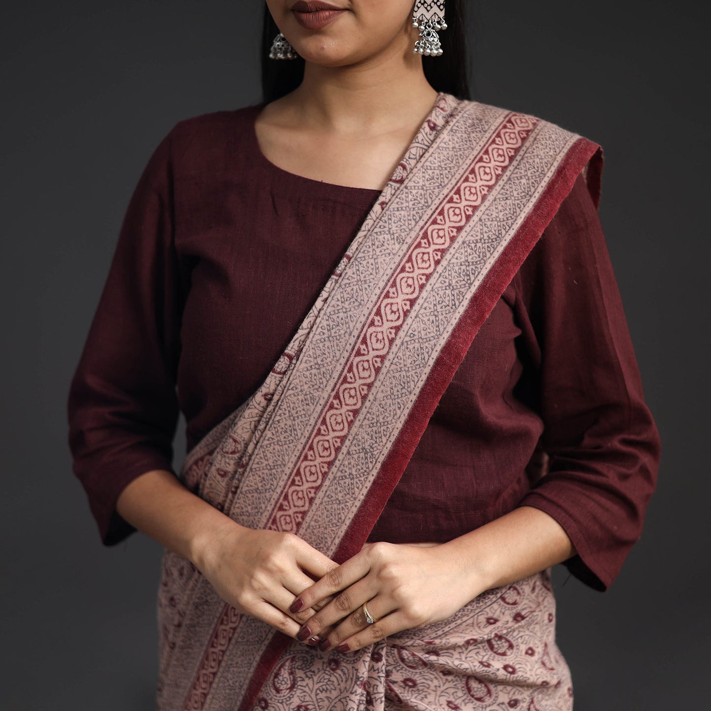 Brown - handwoven merino wool bagh saree 01 - handcrafted