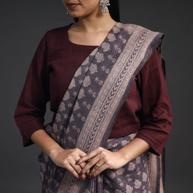  Brown Handwoven Merino Wool Bagh Block Print Saree