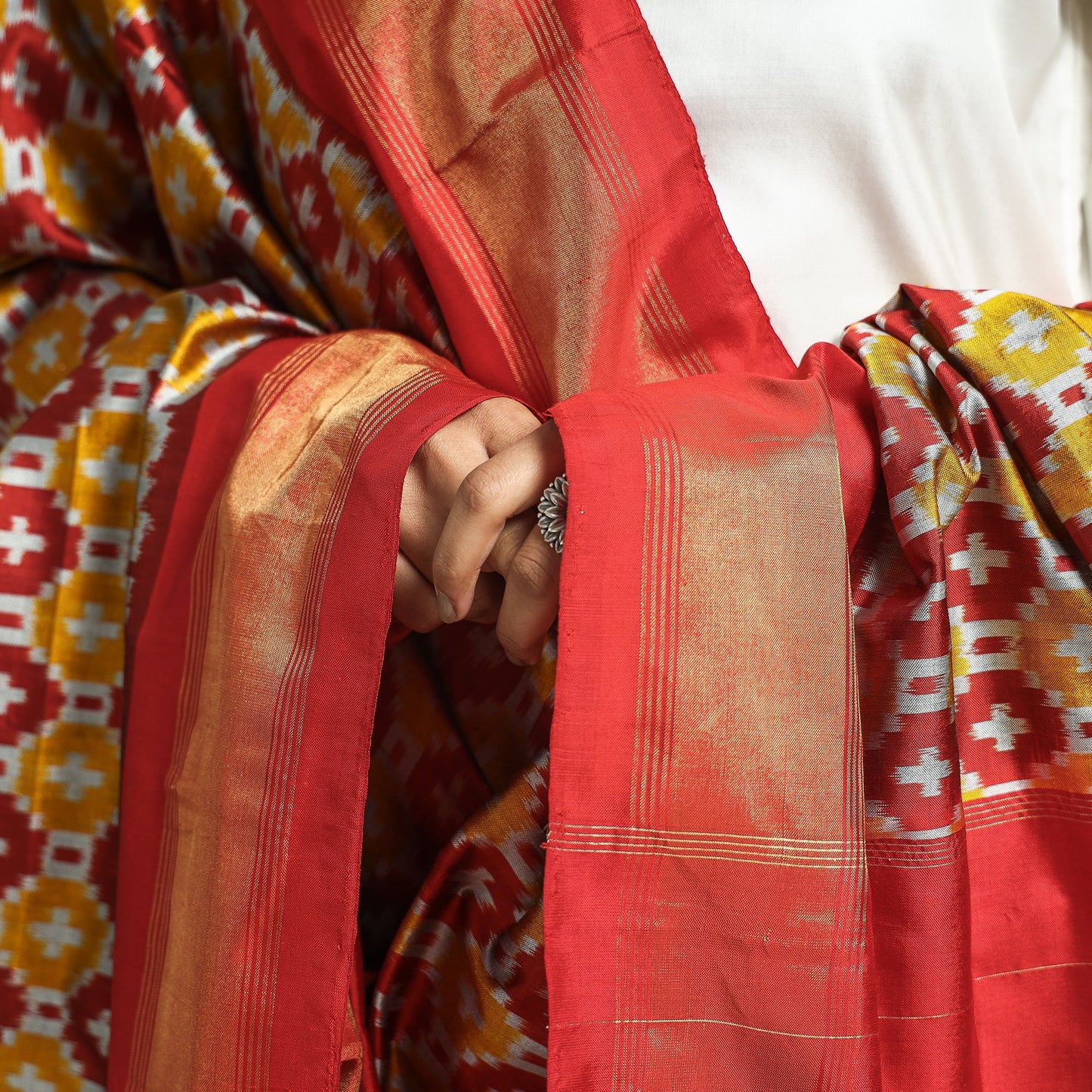 Brown - Handwoven Pochampally Ikat Pure Mulberry Silk Dupatta with Tassels