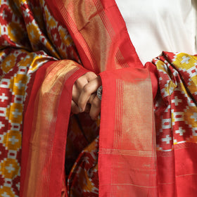 Brown - Handwoven Pochampally Ikat Pure Mulberry Silk Dupatta with Tassels