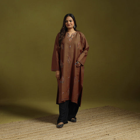 Brown - handwoven sozni hand embroidered kashmiri merino