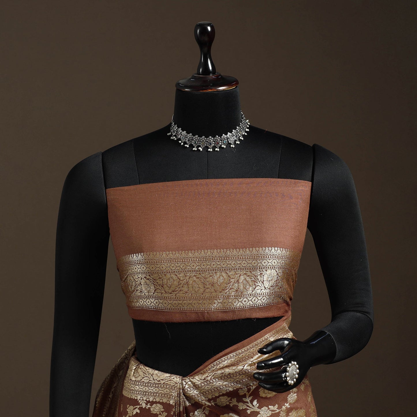 Brown - handwoven zari jaal work mulberry x muga silk heavy