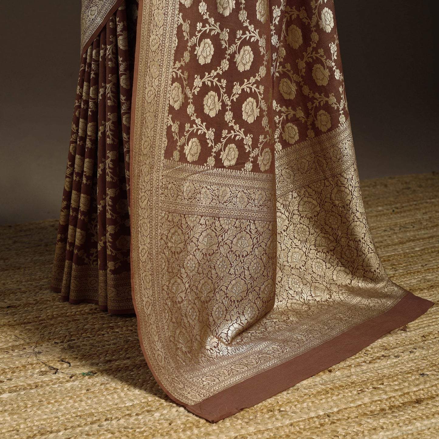 Brown - handwoven zari jaal work mulberry x muga silk heavy