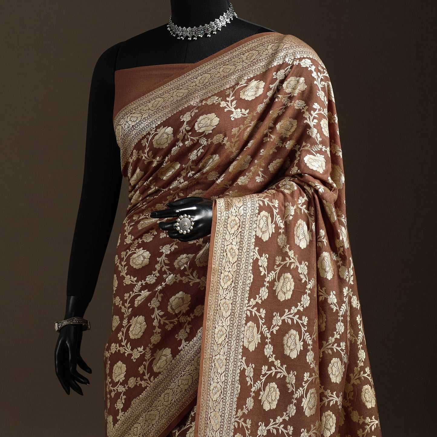 Brown - handwoven zari jaal work mulberry x muga silk heavy