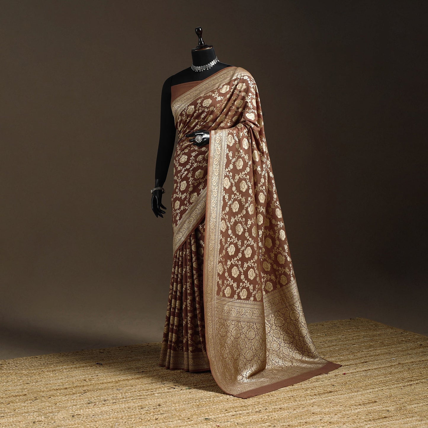 Brown - handwoven zari jaal work mulberry x muga silk heavy
