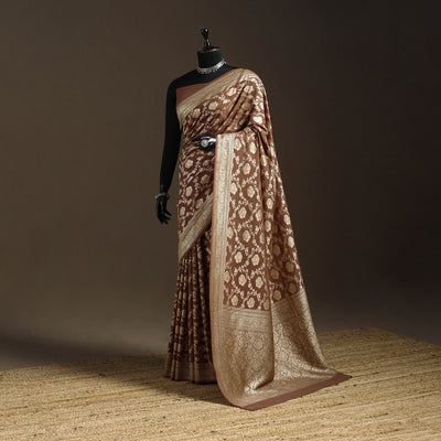 Brown - handwoven zari jaal work mulberry x muga silk heavy