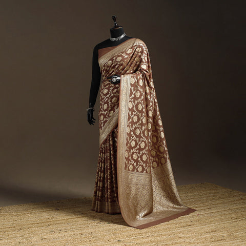 Brown - handwoven zari jaal work mulberry x muga silk heavy