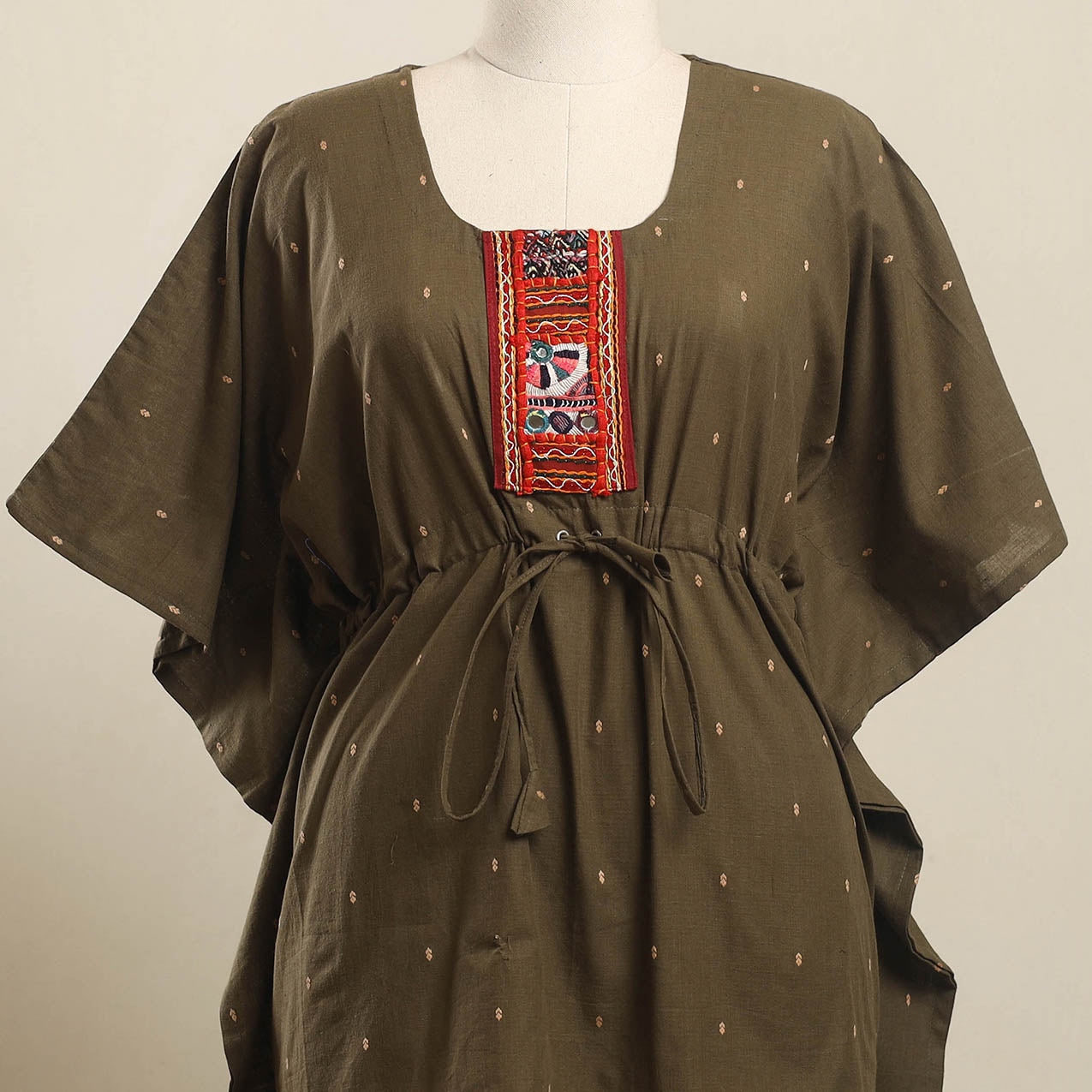 Buy Brown Jacquard Cotton Kaftan with Desert Thread Embroidery