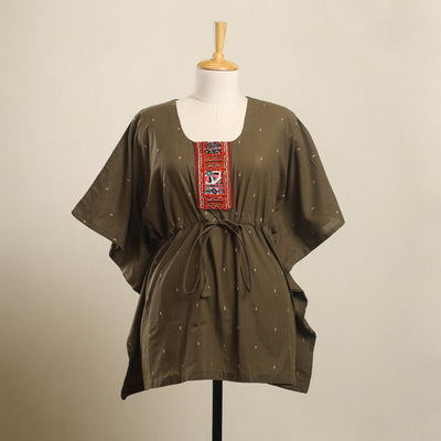 Buy Brown Jacquard Cotton Kaftan with Desert Thread Embroidery