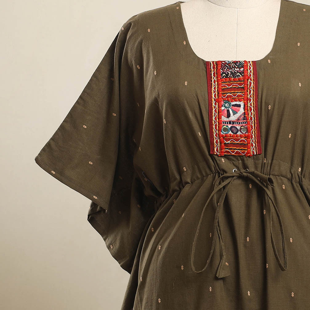 Buy Brown Jacquard Cotton Kaftan with Desert Thread Embroidery