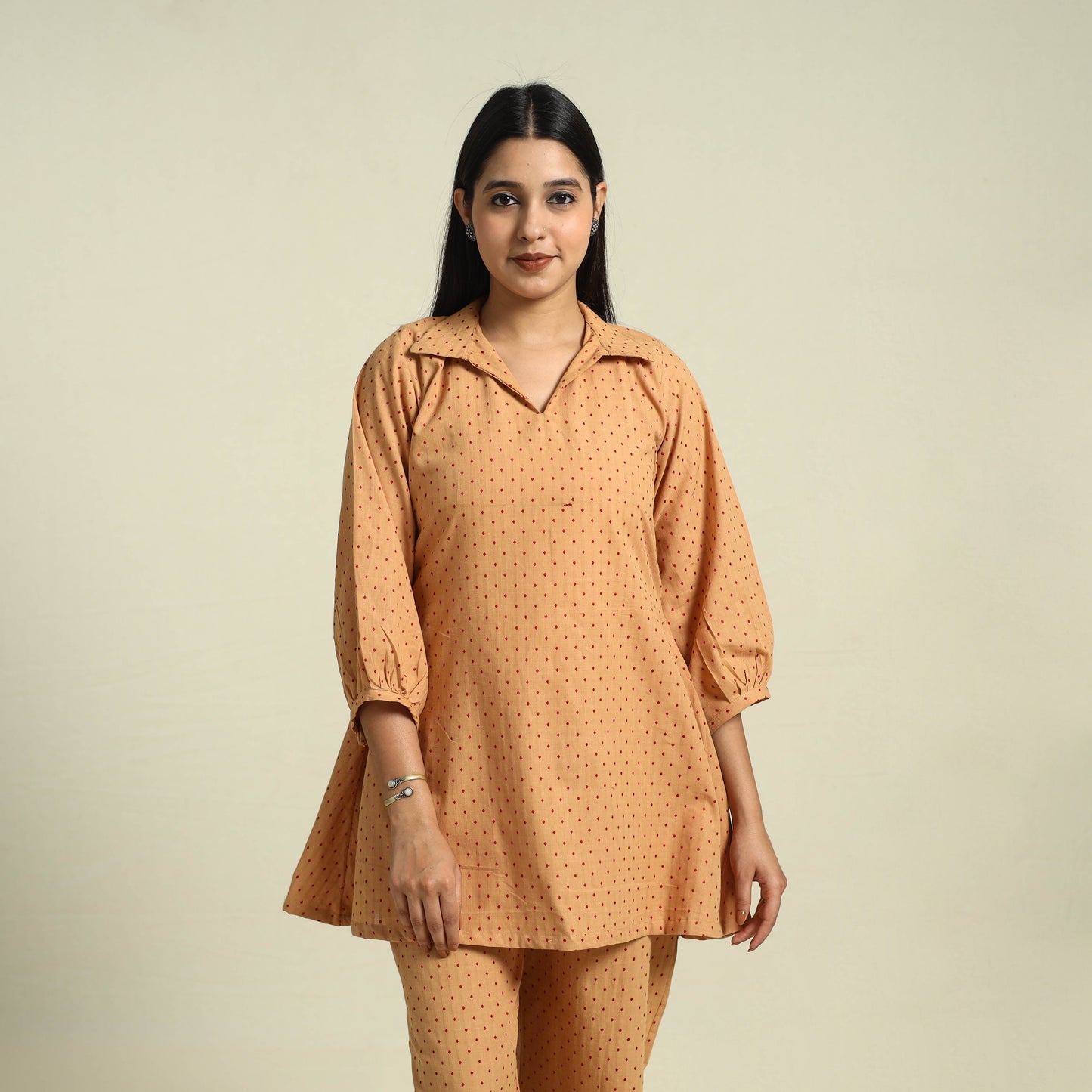  Brown Jacquard Cotton Top & Pyjama Night Suit Set