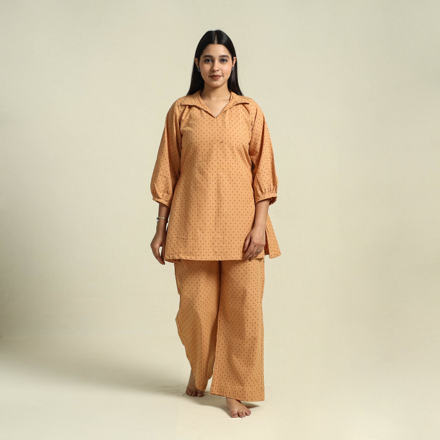  Brown Jacquard Cotton Top & Pyjama Night Suit Set