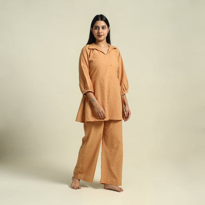  Brown Jacquard Cotton Top & Pyjama Night Suit Set