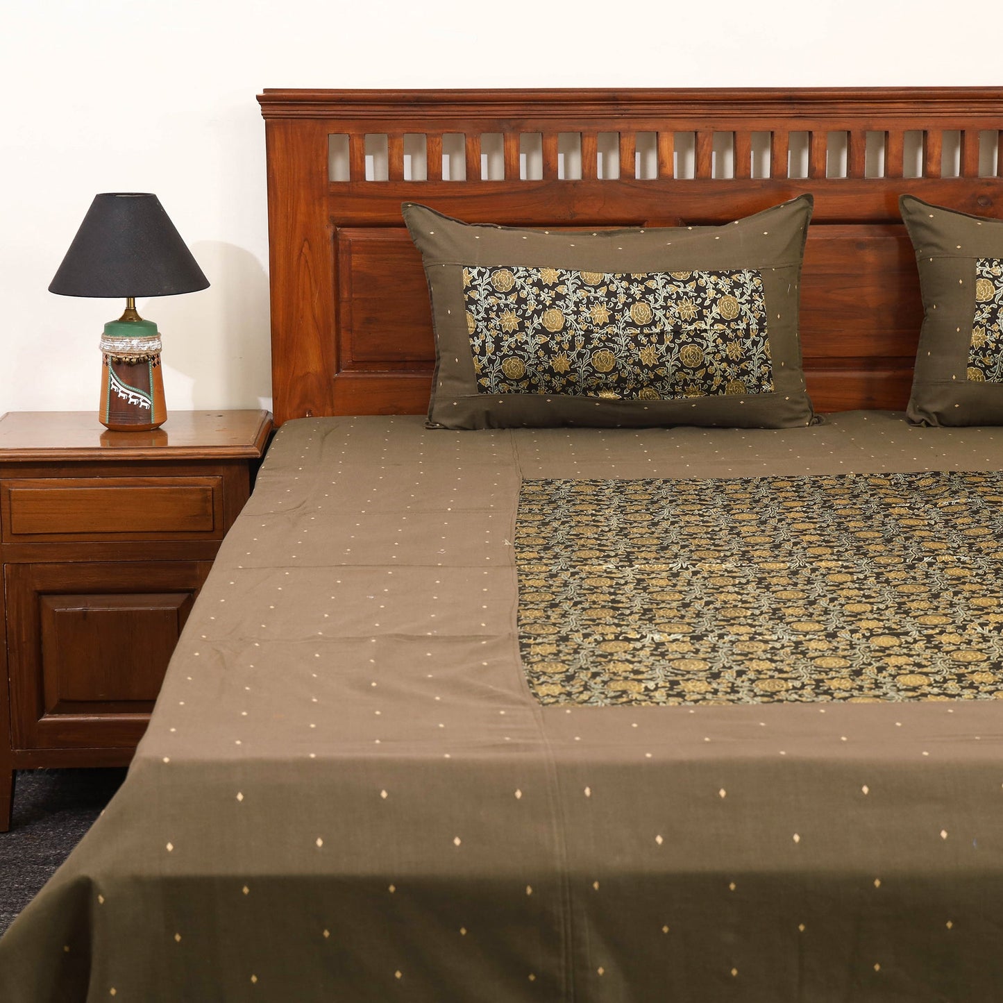 Brown Jacquard with Ajrakh Modal Silk Patch Cotton Bedsheet Set