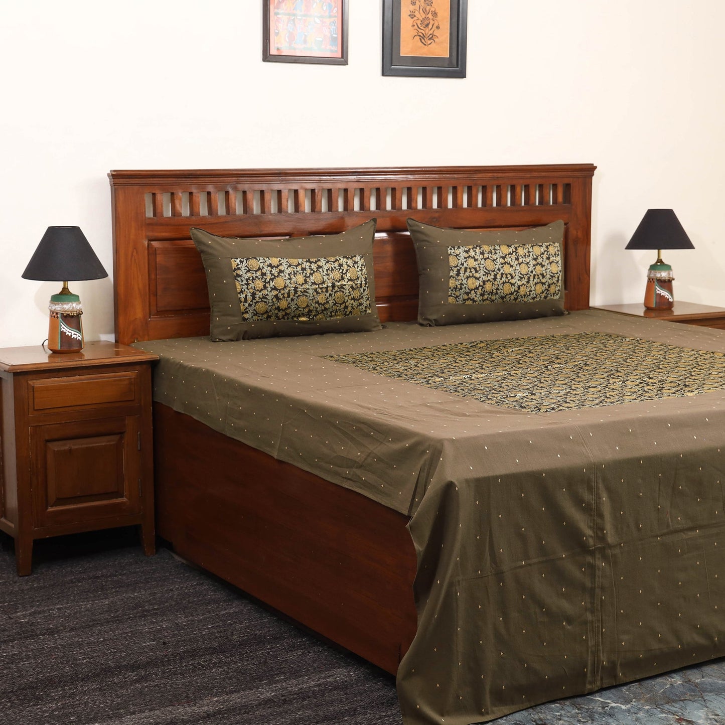 Brown Jacquard with Ajrakh Modal Silk Patch Cotton Bedsheet Set