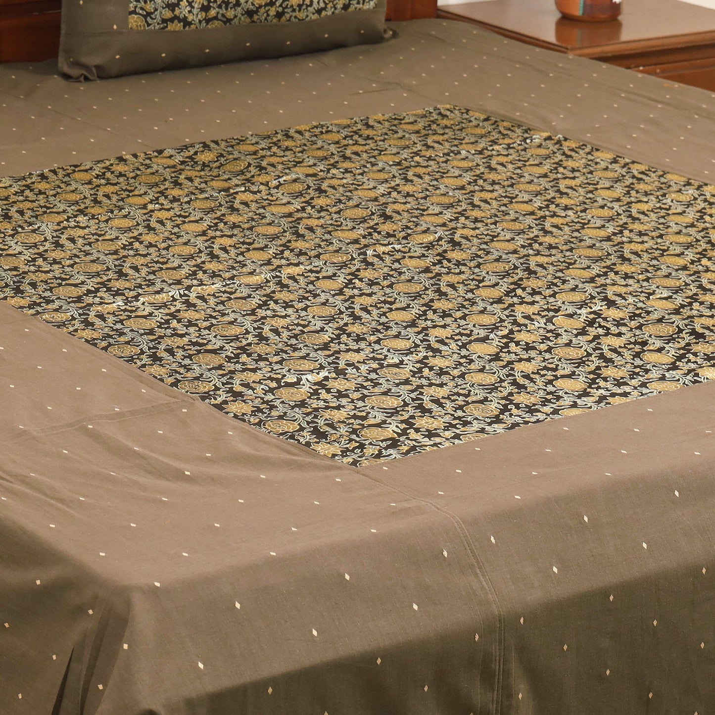 Brown Jacquard with Ajrakh Modal Silk Patch Cotton Bedsheet Set