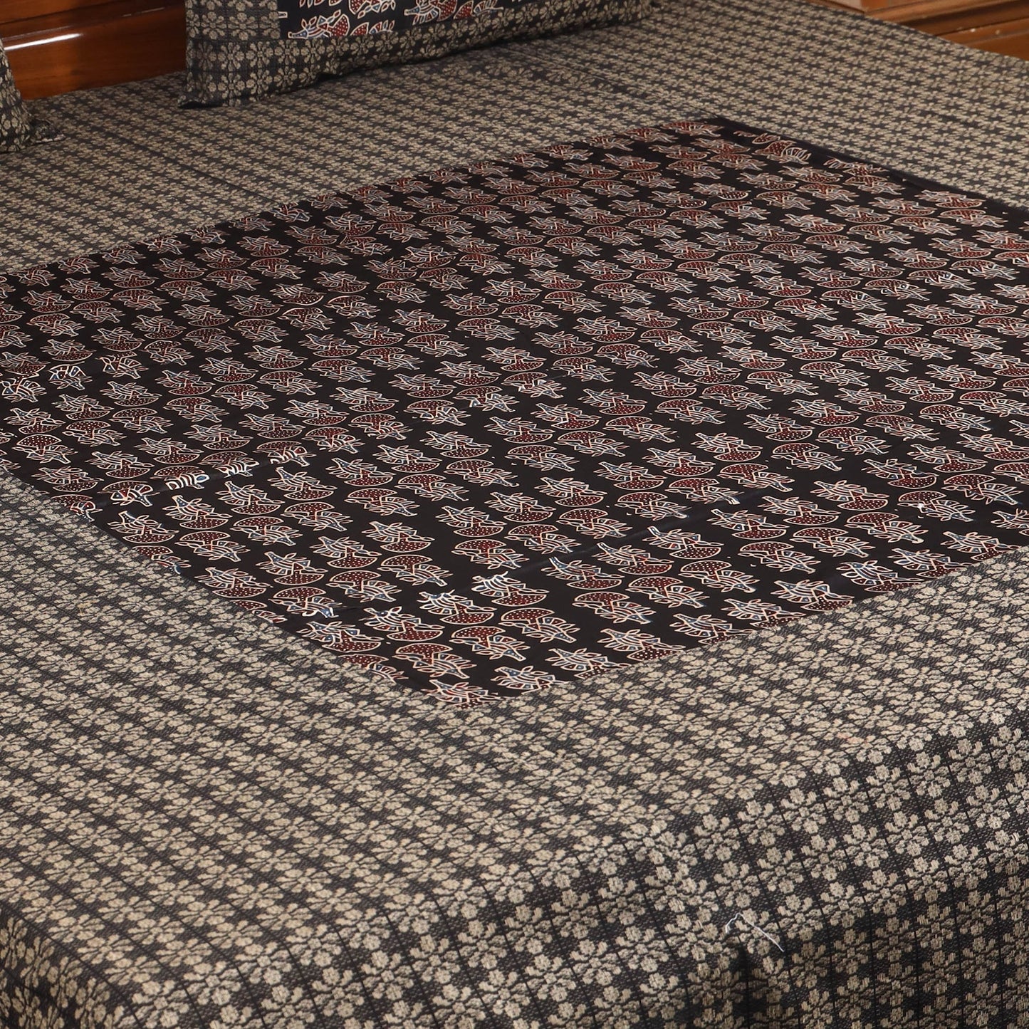 Brown Jacquard with Ajrakh Modal Silk Patch Cotton Bedsheet Set