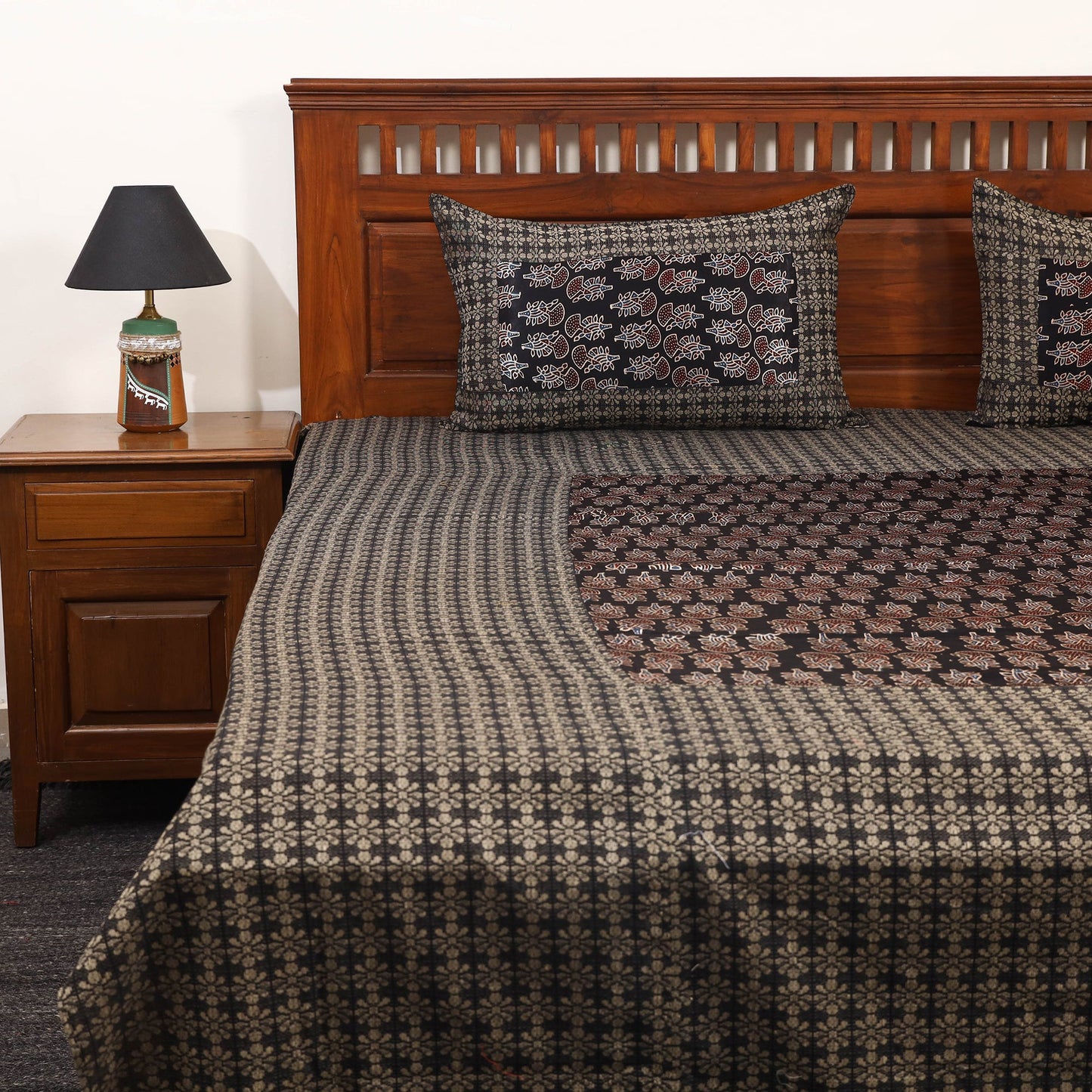 Brown Jacquard with Ajrakh Modal Silk Patch Cotton Bedsheet Set