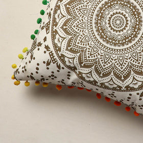 Brown Jaipur Block Printed Cotton Cushion Cover with Pom-Pom