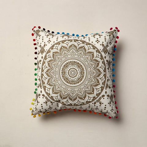 Brown Jaipur Block Printed Cotton Cushion Cover with Pom-Pom