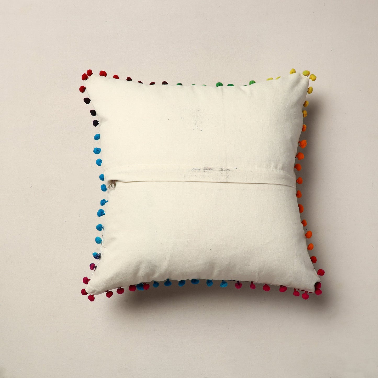 Brown Jaipur Block Printed Cotton Cushion Cover with Pom-Pom