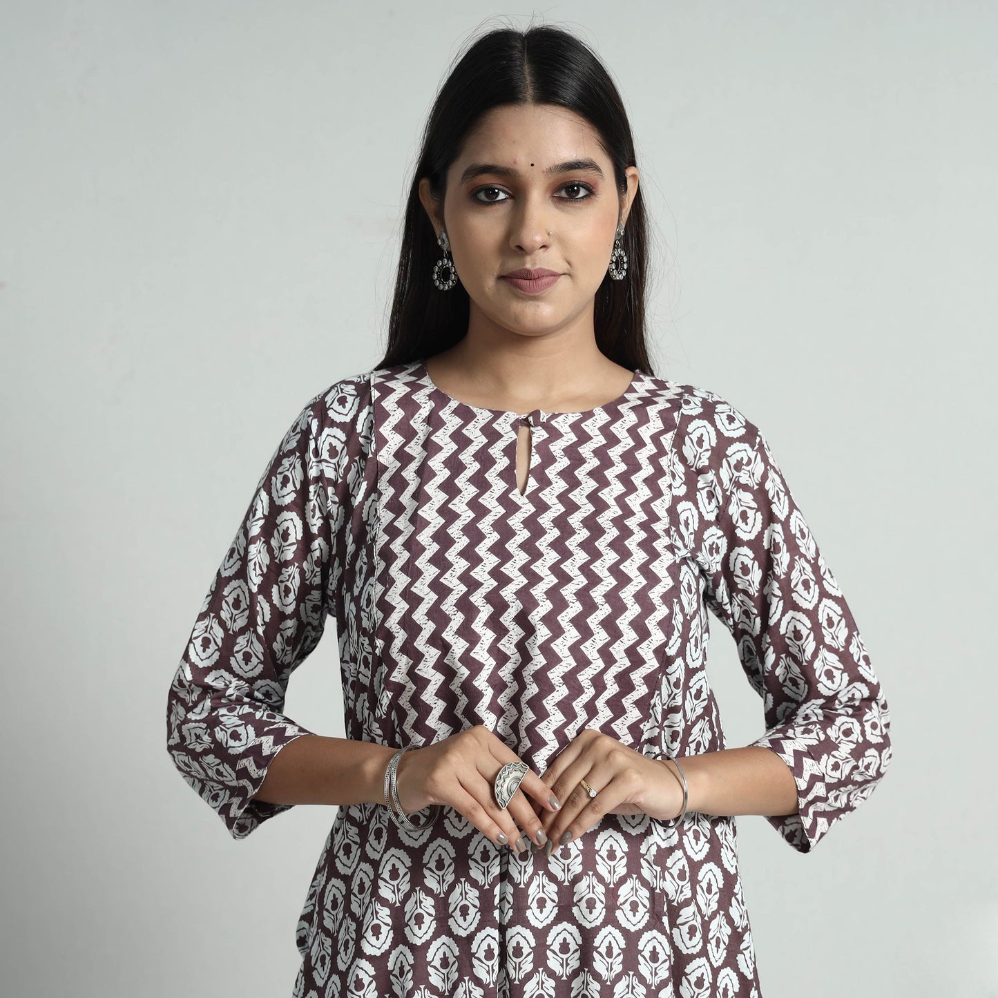 Brown Jaipur Screen Printed Patchwork Cotton Long Kurta