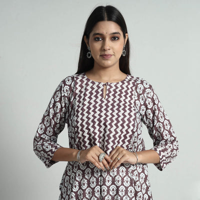 Brown Jaipur Screen Printed Patchwork Cotton Long Kurta