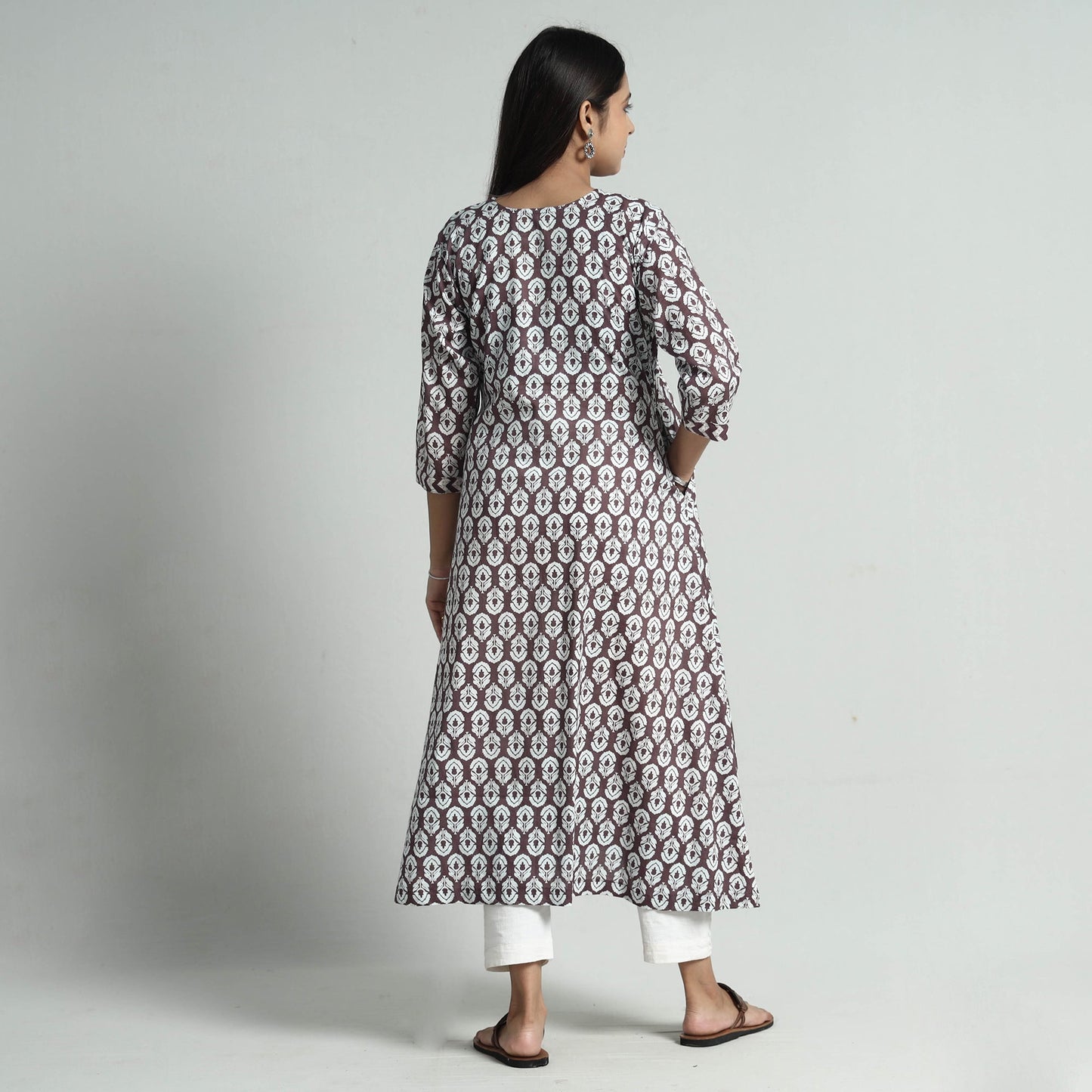 Brown Jaipur Screen Printed Patchwork Cotton Long Kurta