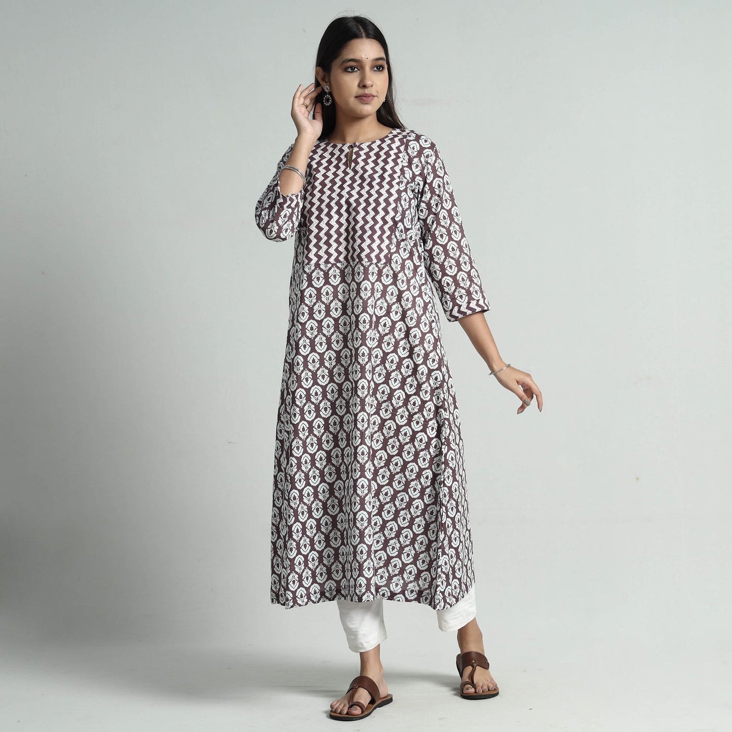 Brown Jaipur Screen Printed Patchwork Cotton Long Kurta