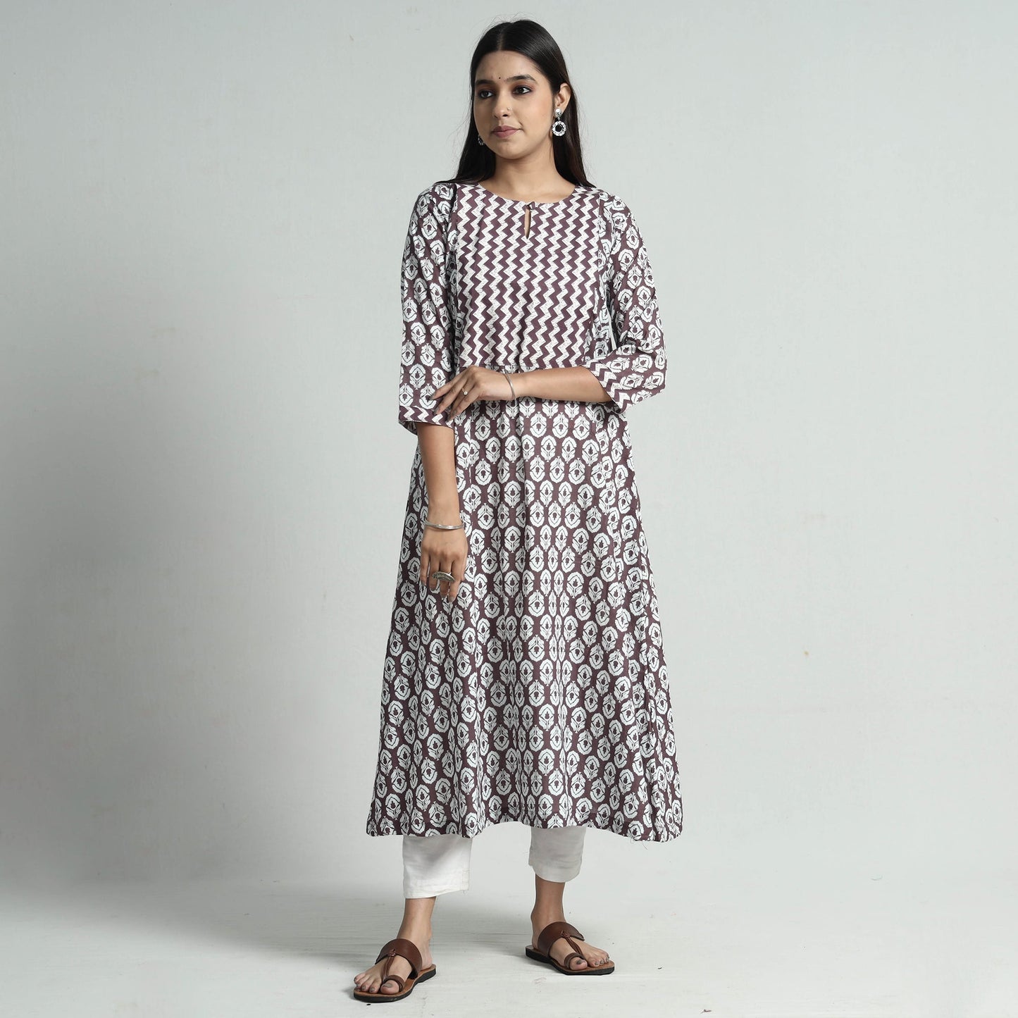 Brown Jaipur Screen Printed Patchwork Cotton Long Kurta