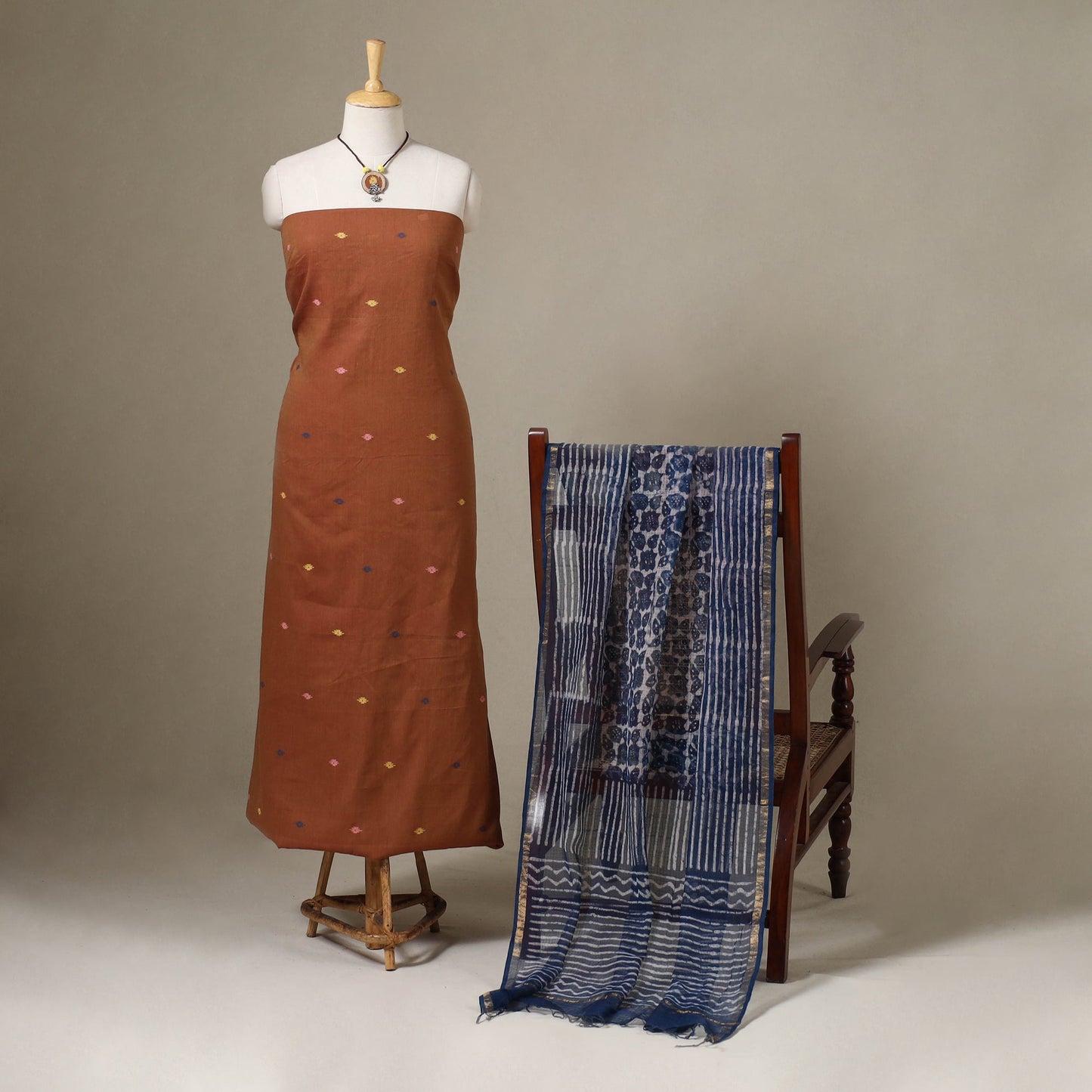 Brown Jamdani Cotton Dress Material with Jewellery Set