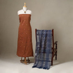 Brown Jamdani Cotton Dress Material with Jewellery Set
