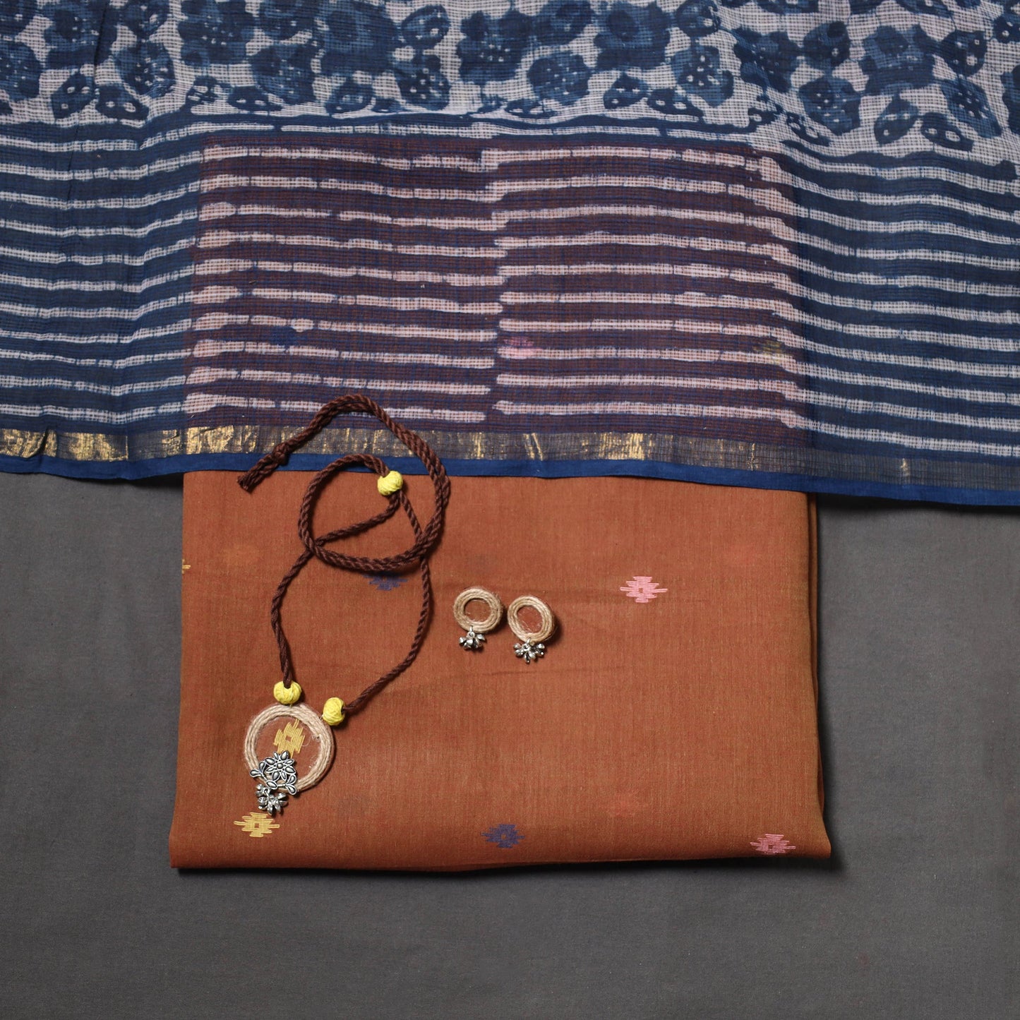 Brown Jamdani Cotton Dress Material with Jewellery Set