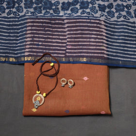 Brown Jamdani Cotton Dress Material with Jewellery Set