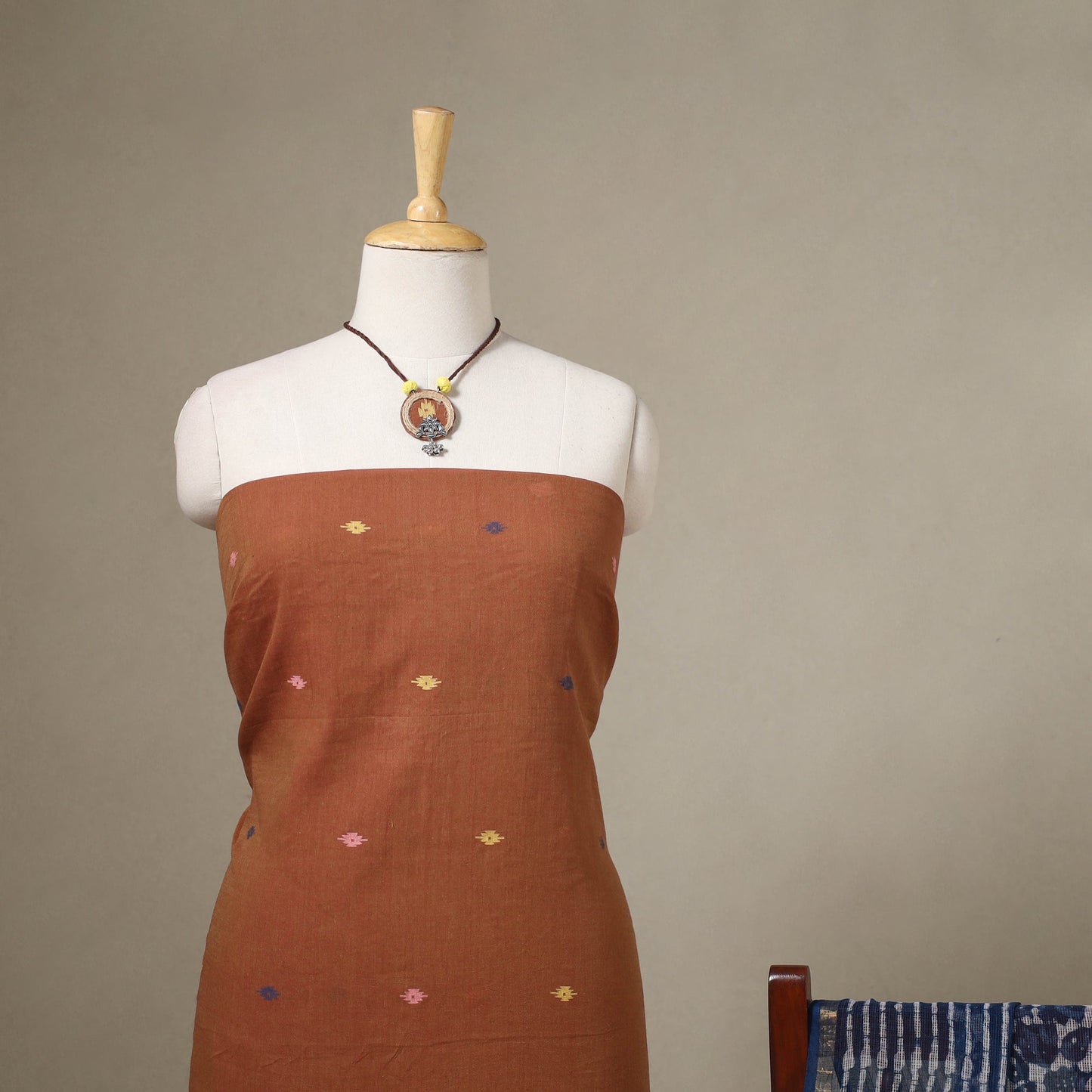 Brown Jamdani Cotton Dress Material with Jewellery Set