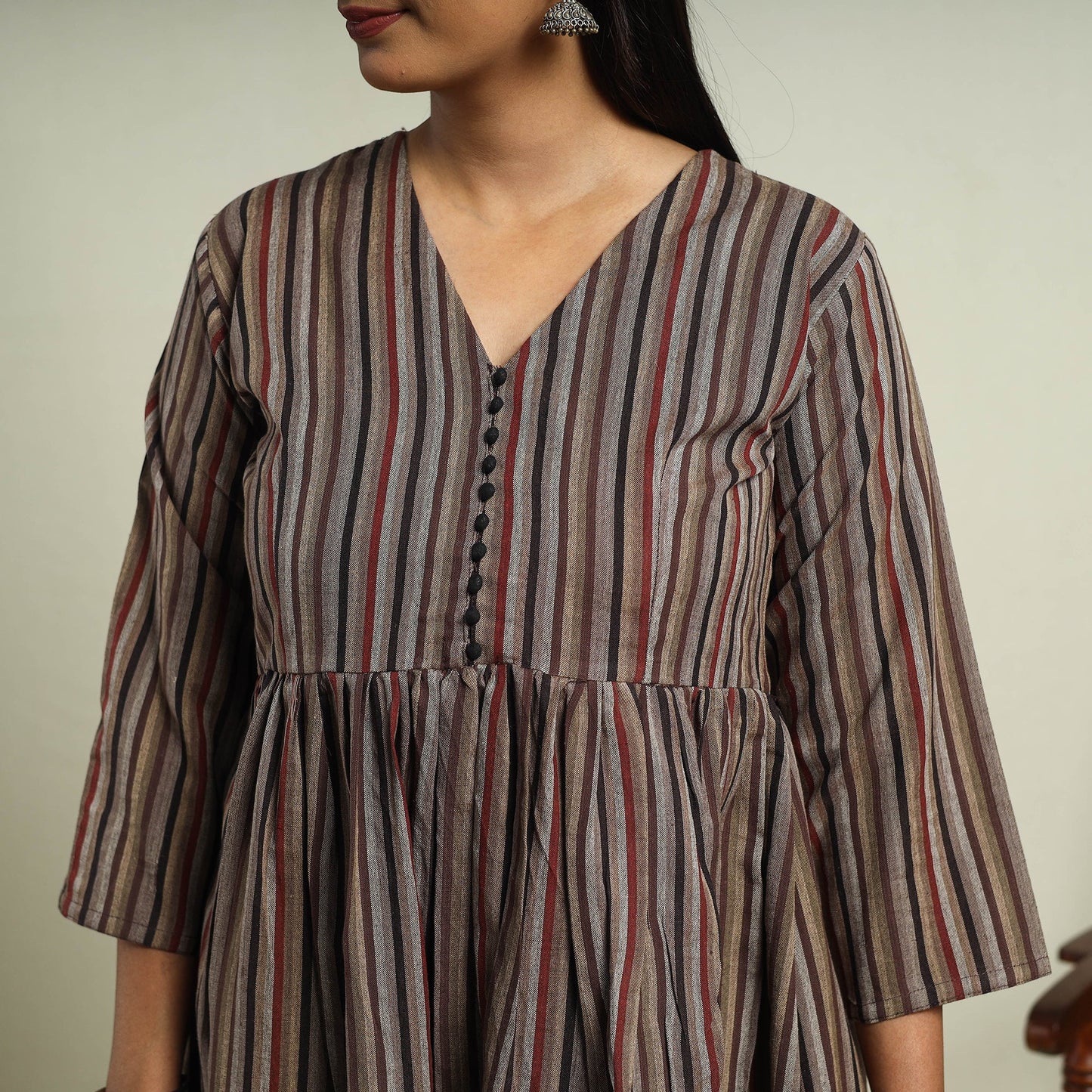 Buy Brown Jhiri Handloom Flared Cotton Kurta for Women